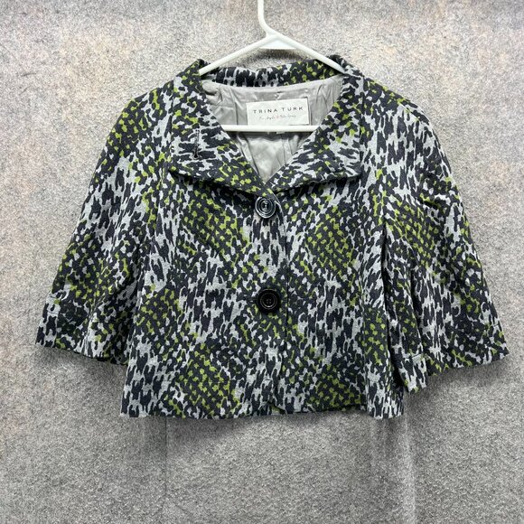 Trina Turk Jacket Womens 0 Gray Green Geometric Print 3/4 Sleeve Cropped Coat - Picture 1 of 10